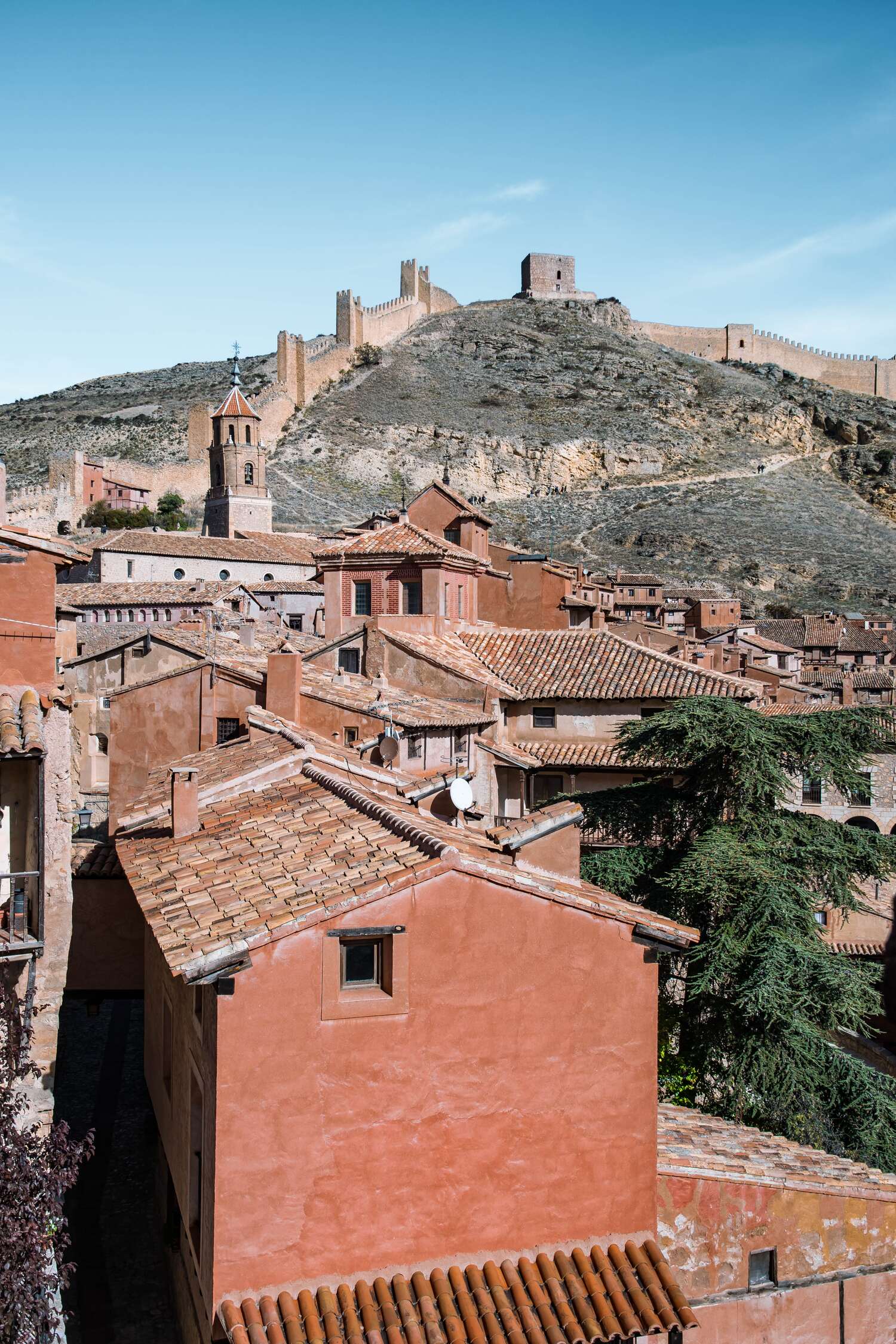 The view from the Catedral de Albarracín up to the city Wall in Albarracin in Spain.