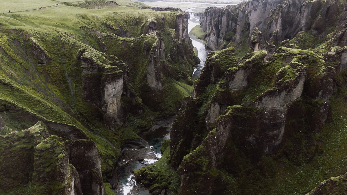 The landscape of Fjaðrárgljúfur Canyon from a drone