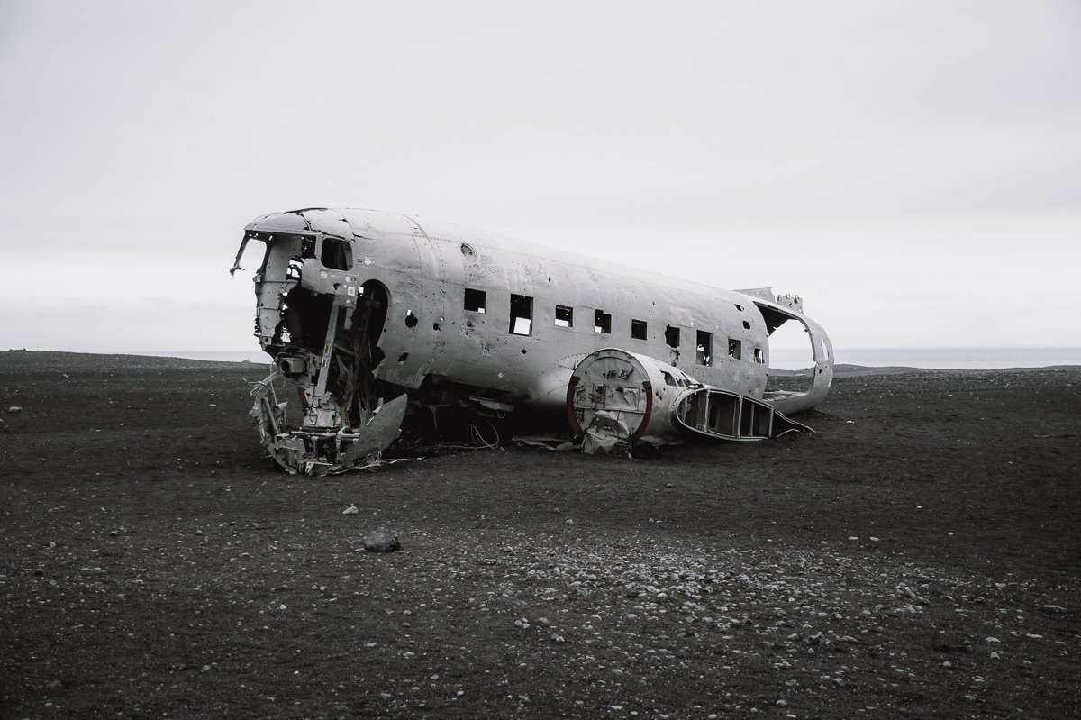 A full width view of the Sólheimasandur Plane Wreck visited during an Iceland Roadtrip