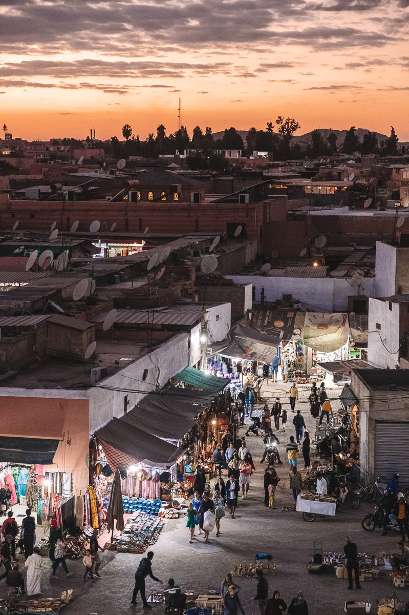 View at sunset over the Plaza Jemaa el Fnaa in Marrakech