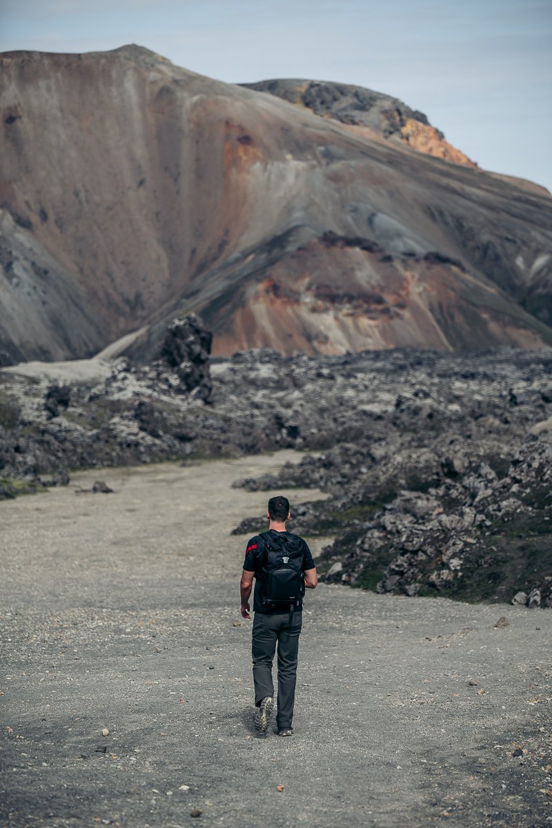 Man hiking in Landmannalaugar mountains