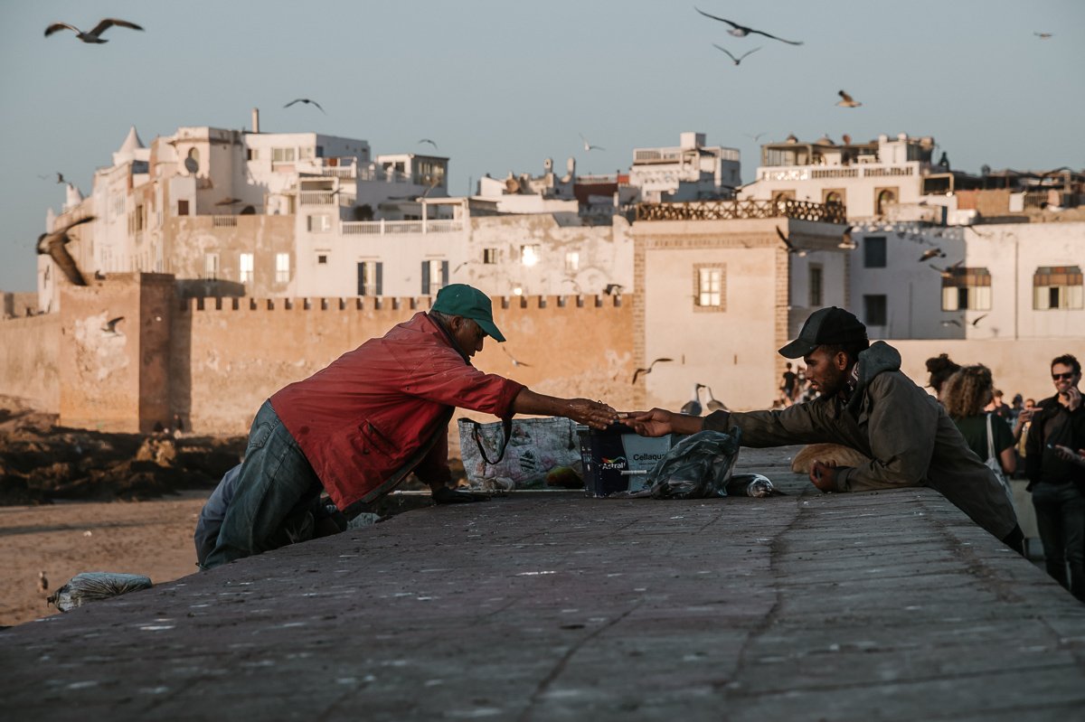 A guy trading fish on the walls of Essaouira Medina
